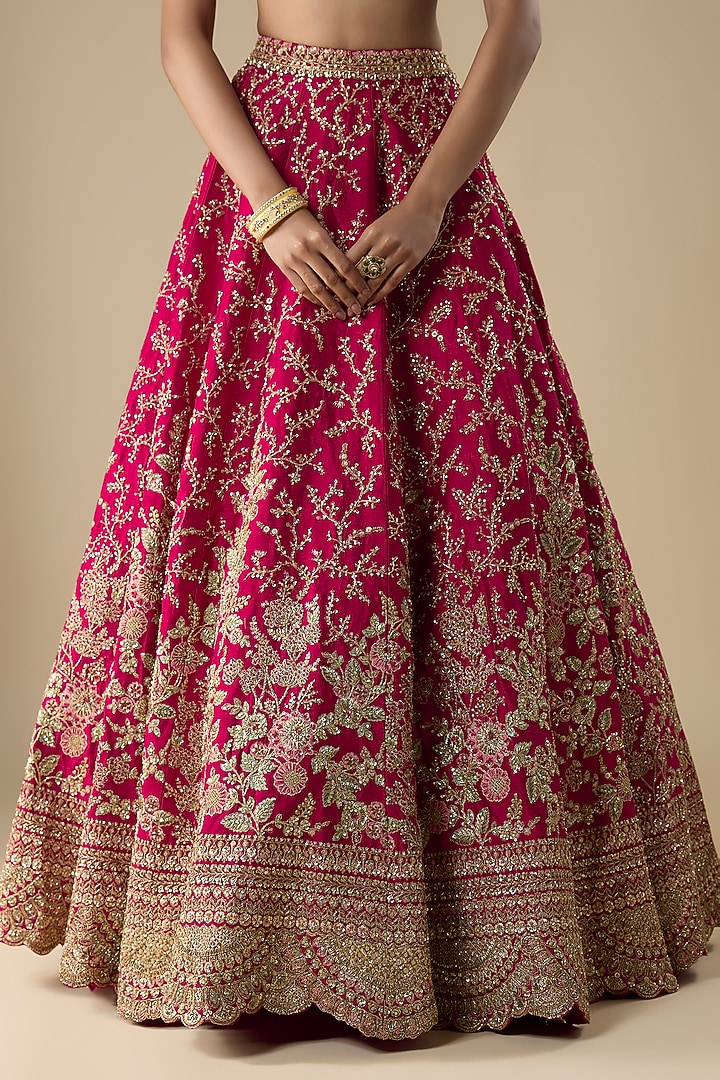 Cherry Red Raw Silk Zari Hand Embroidered Bridal Lehenga Set by Kalighata at Pernia's Pop Up Shop