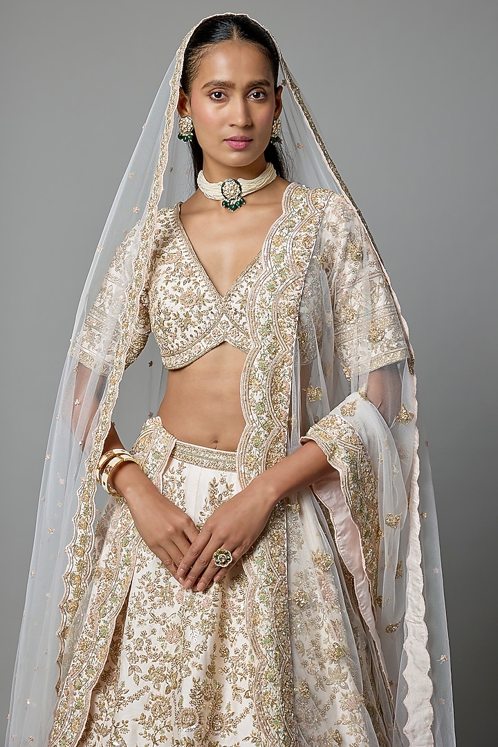 Light Pink Raw Silk Embroidered Bridal Lehenga Set by Kalighata at Pernia's Pop Up Shop