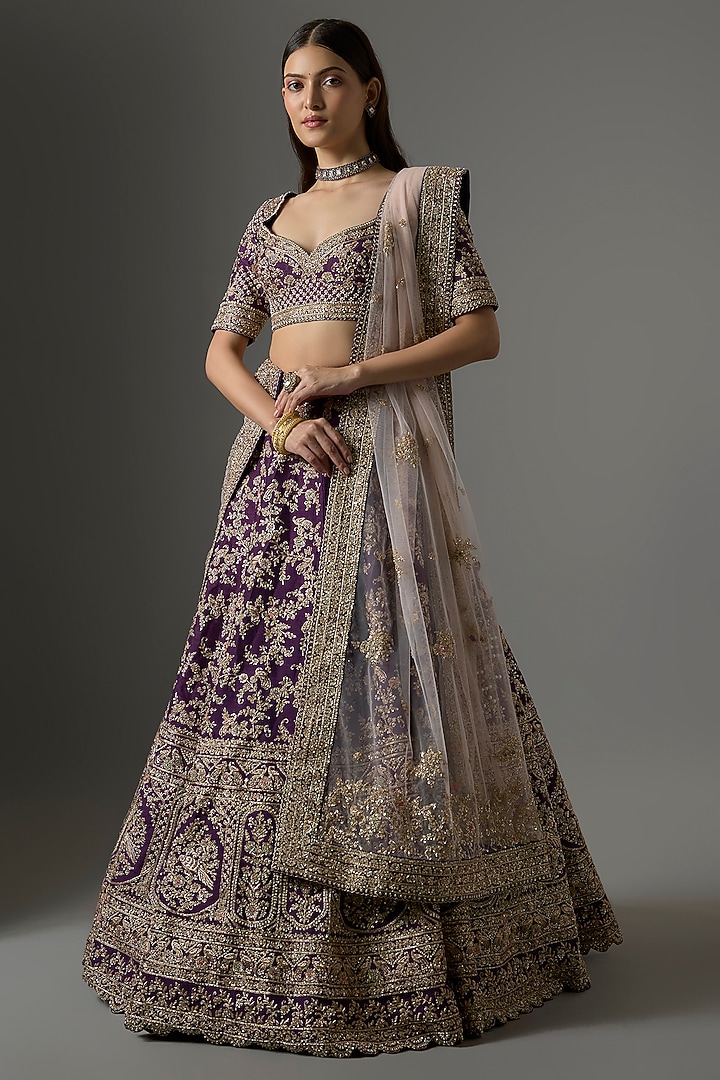 Purple Raw Silk Zari Hand Embroidered Bridal Lehenga Set by Kalighata at Pernia's Pop Up Shop