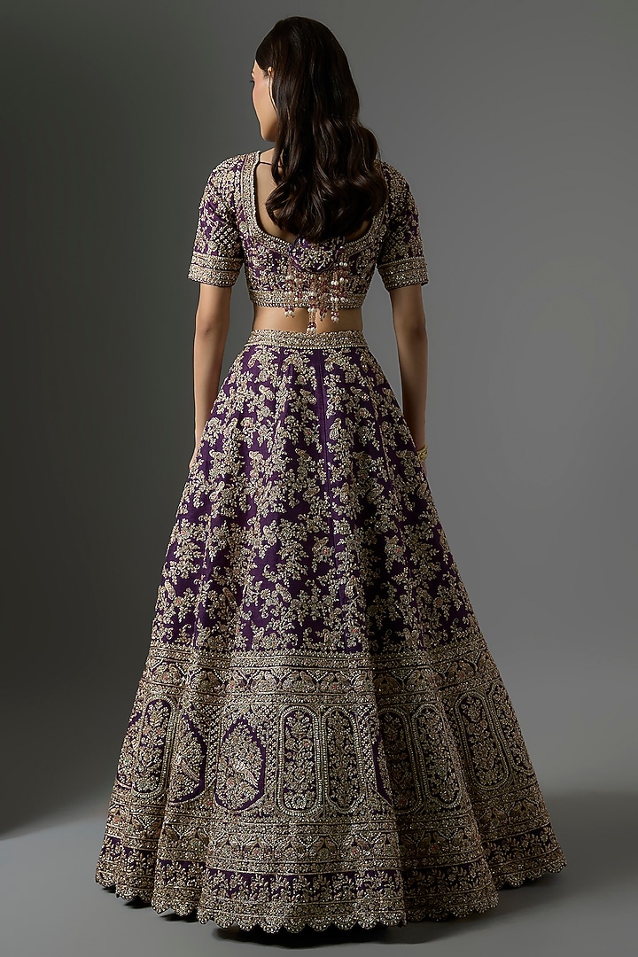 Purple Raw Silk Zari Hand Embroidered Bridal Lehenga Set by Kalighata at Pernia's Pop Up Shop
