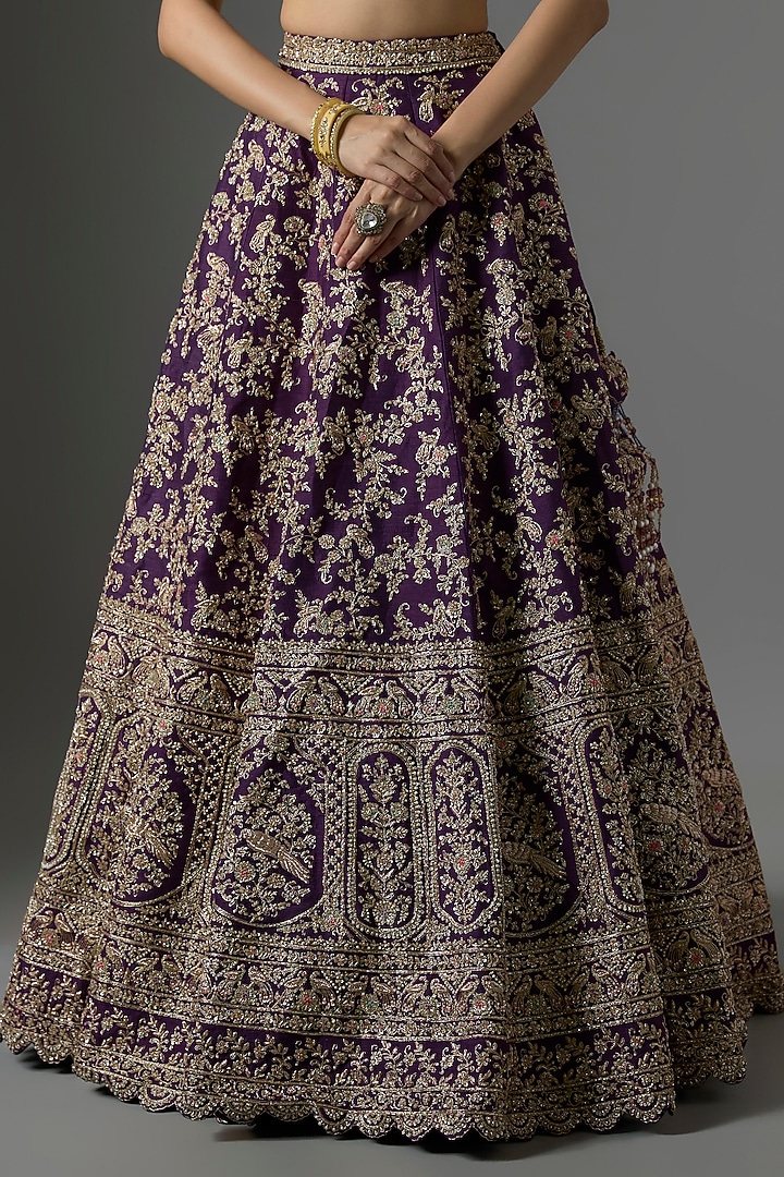 Purple Raw Silk Zari Hand Embroidered Bridal Lehenga Set by Kalighata at Pernia's Pop Up Shop