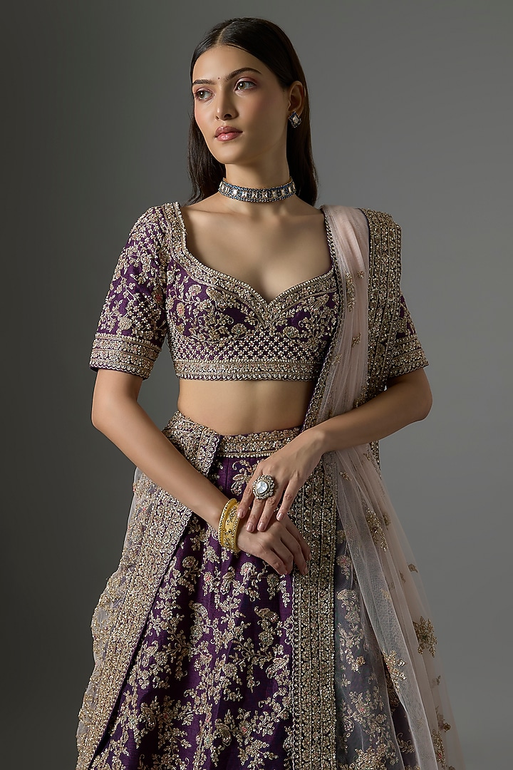 Purple Raw Silk Zari Hand Embroidered Bridal Lehenga Set by Kalighata at Pernia's Pop Up Shop