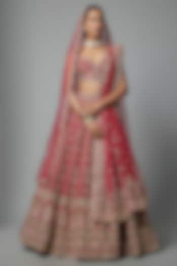 Red Raw Silk Embroidered Bridal Lehenga Set by Kalighata at Pernia's Pop Up Shop