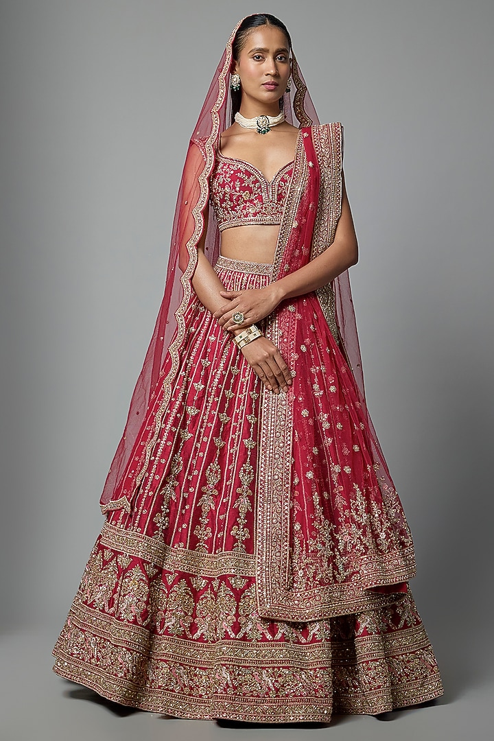 Red Raw Silk Embroidered Bridal Lehenga Set by Kalighata at Pernia's Pop Up Shop