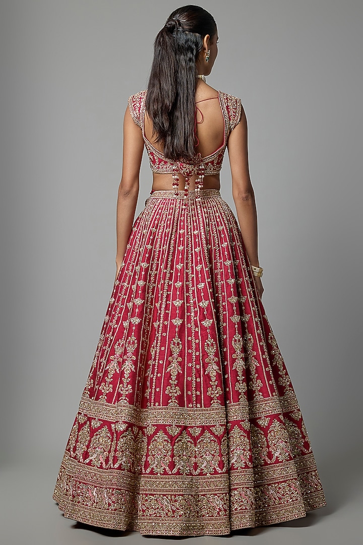 Red Raw Silk Embroidered Bridal Lehenga Set by Kalighata at Pernia's Pop Up Shop