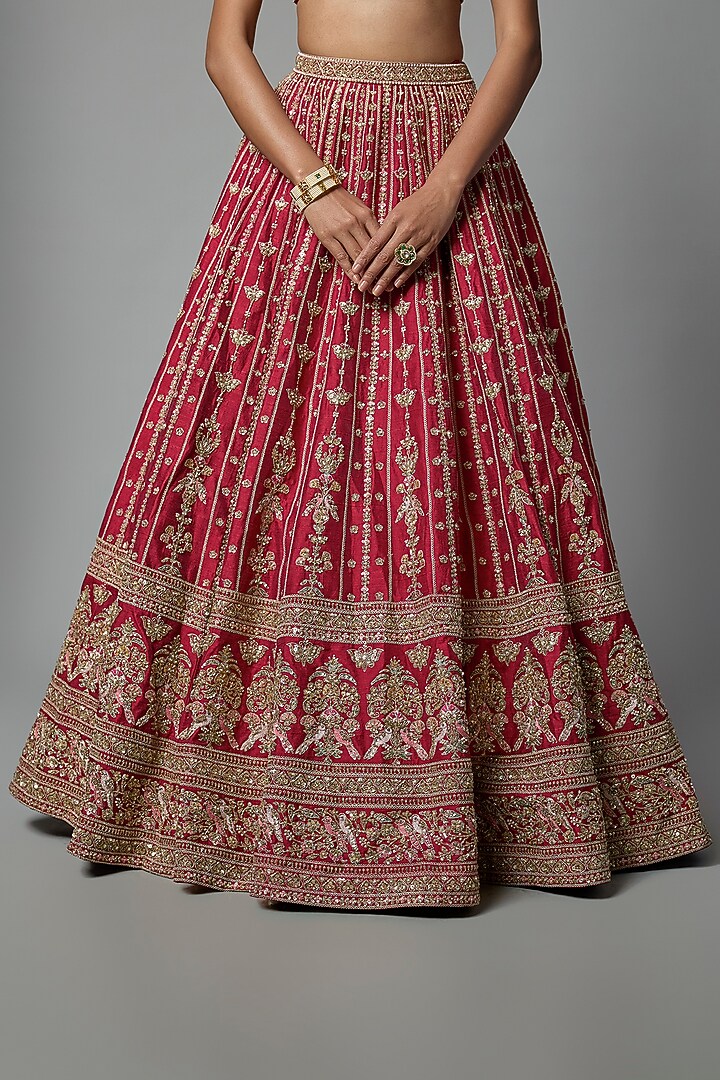 Red Raw Silk Embroidered Bridal Lehenga Set by Kalighata at Pernia's Pop Up Shop