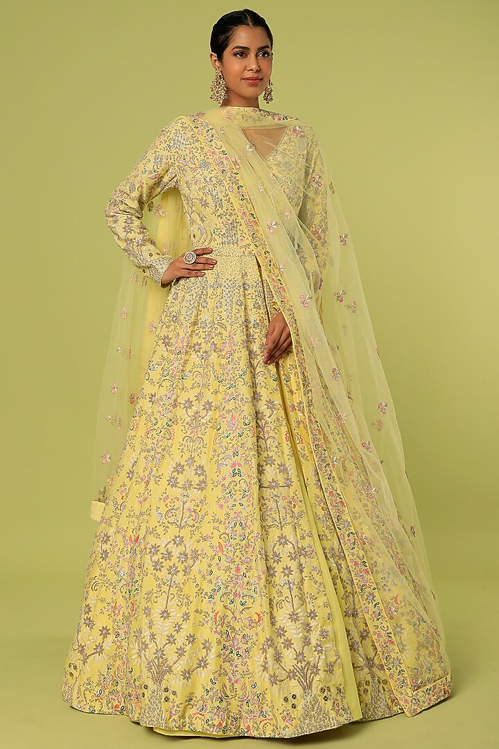 Yellow Embroidered Trishul Jacket Bridal Lehenga Set by Kalighata at Pernia's Pop Up Shop