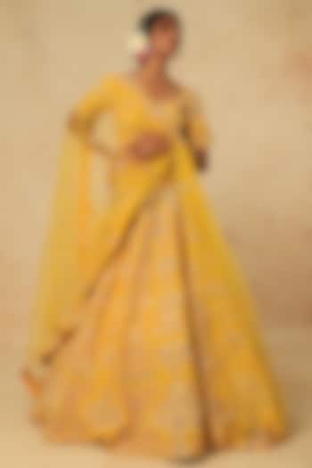 Mustard Embroidered Trishul Bridal Lehenga Set by Kalighata at Pernia's Pop Up Shop