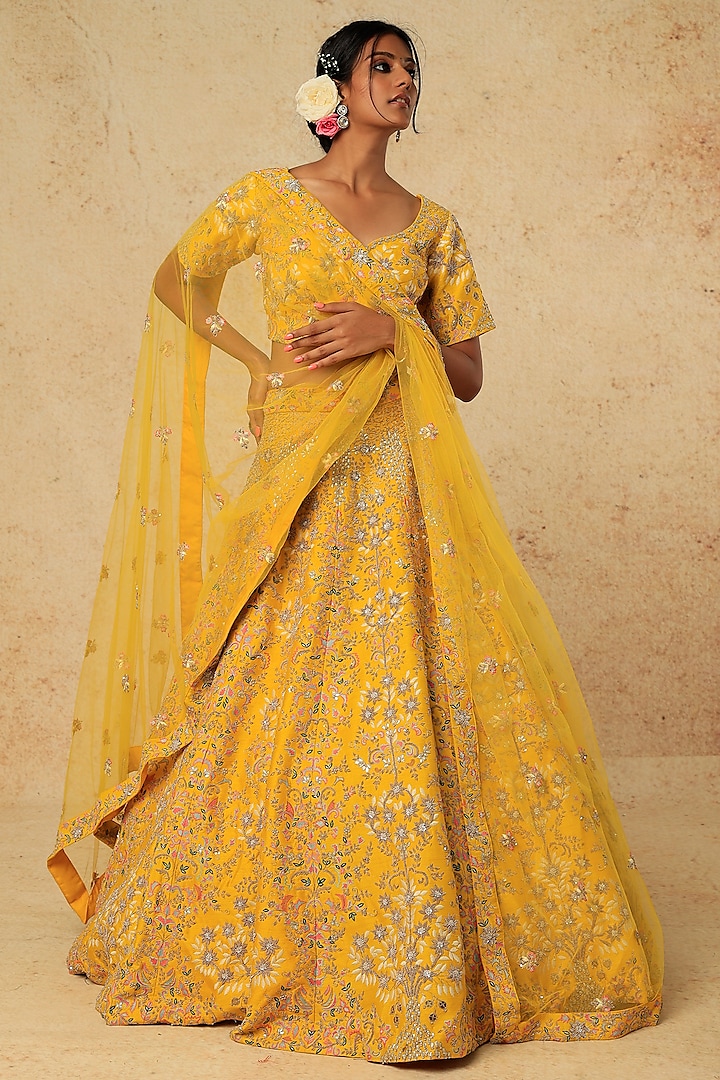 Mustard Embroidered Trishul Bridal Lehenga Set by Kalighata at Pernia's Pop Up Shop