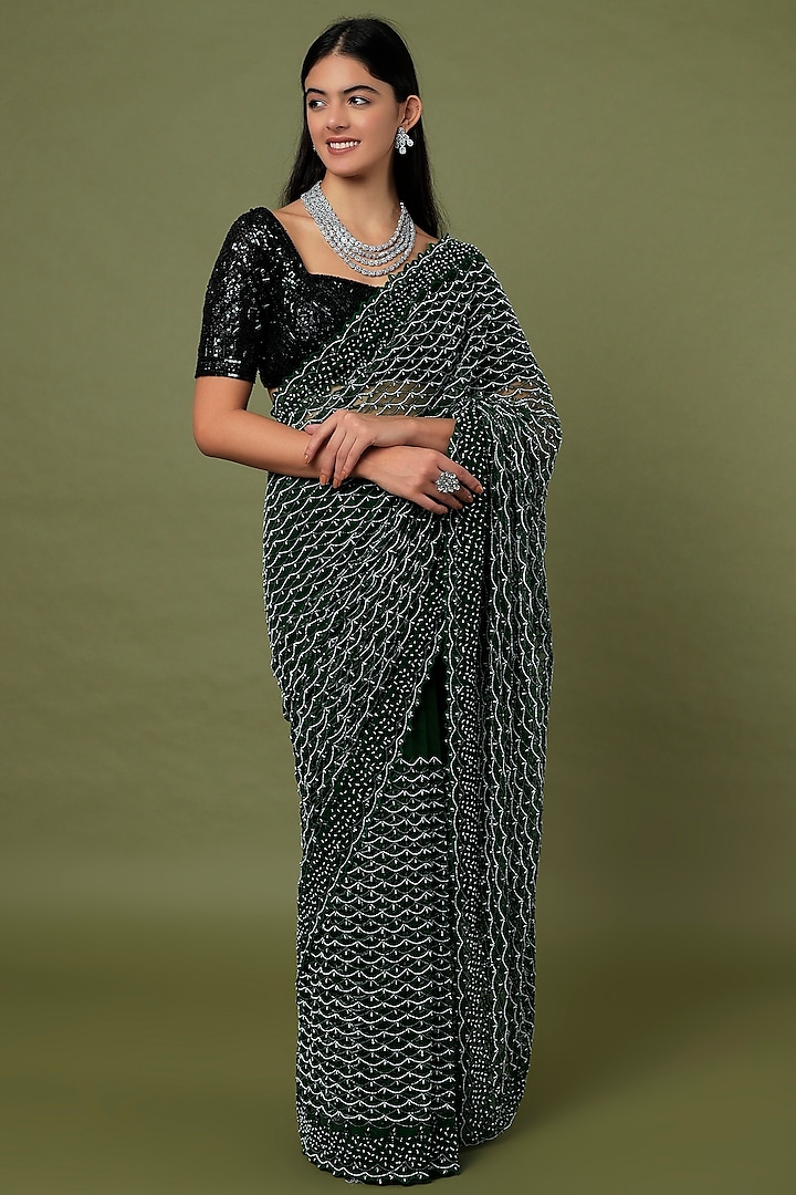 Dark Green Embroidered Saree Set by Kalighata at Pernia's Pop Up Shop