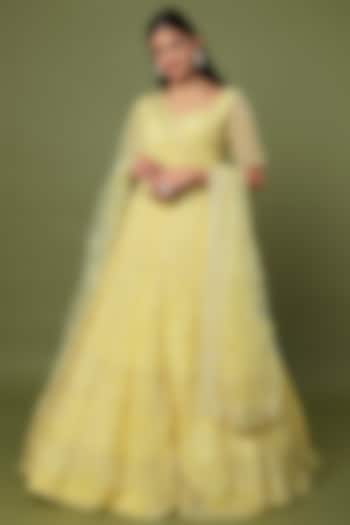 Yellow Embroidered Lehenga Set by Kalighata