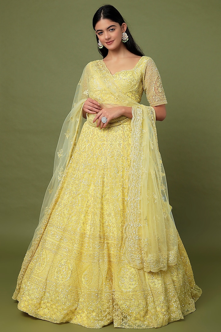 Yellow Embroidered Lehenga Set by Kalighata