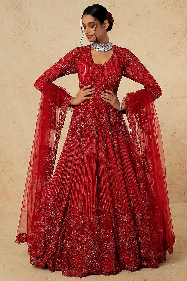 Red Net Embellished Gown With Dupatta by Kalighata