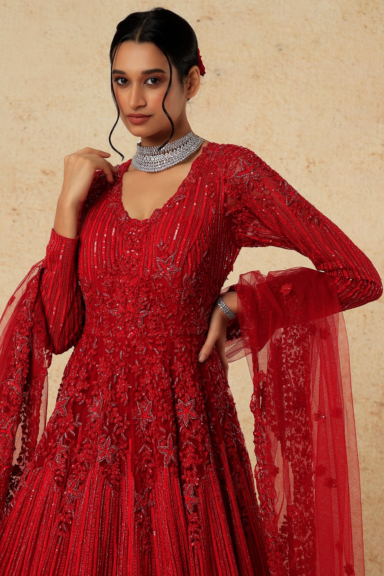 Designer Red Net ready to wear gown – DMV15001