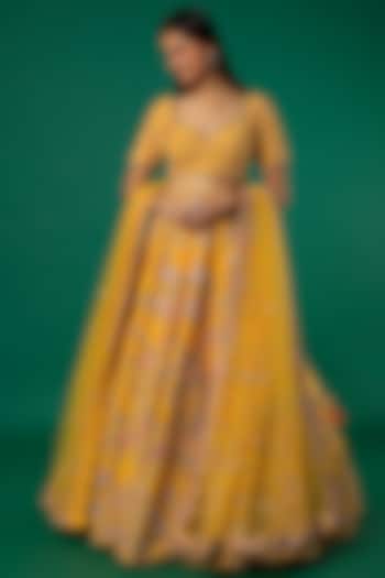 Yellow Embroidered Charles Lehenga Set by Kalighata