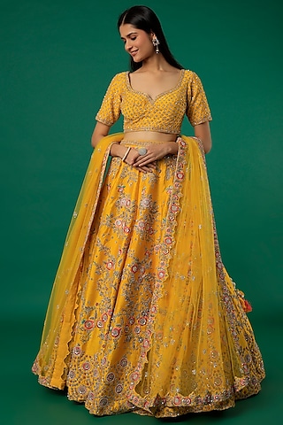Yellow Embroidered Charles Lehenga Set by Kalighata
