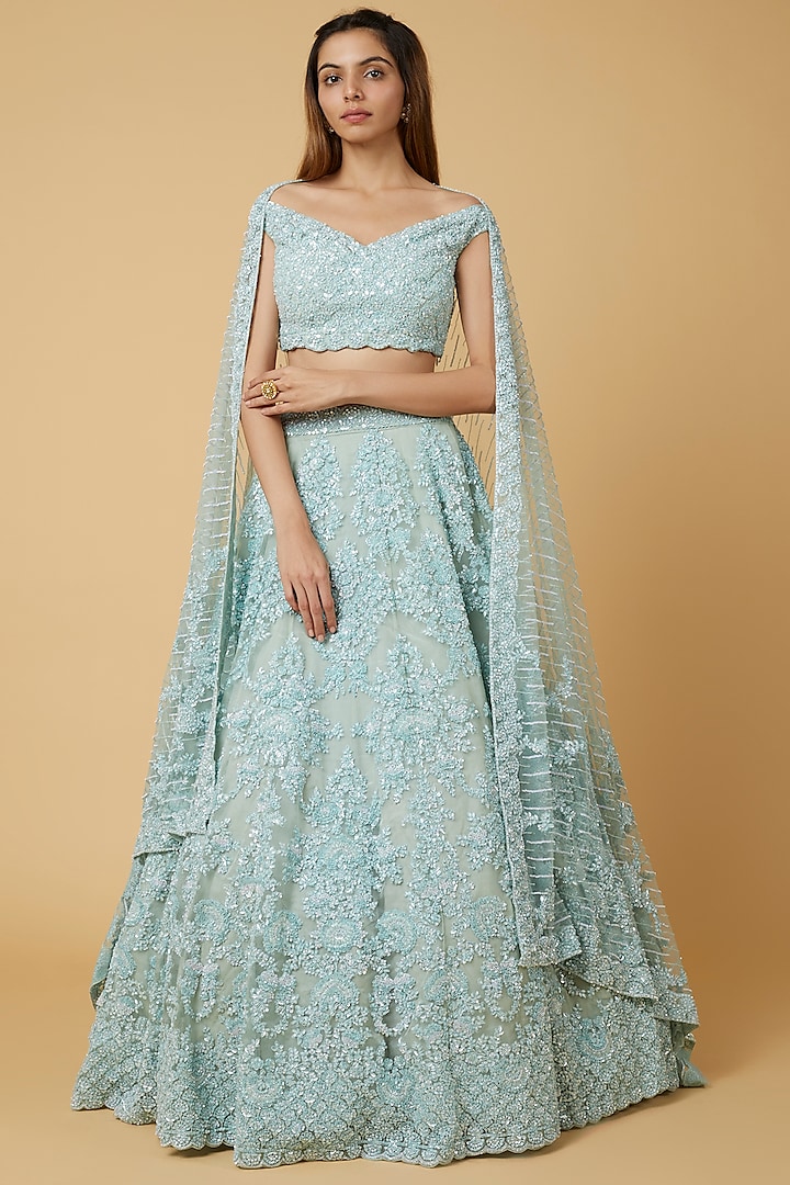 Aqua Blue Embellished Bridal Lehenga Set by Kalighata at Pernia's Pop Up Shop