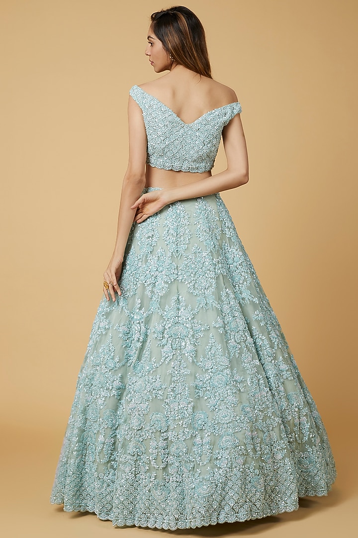 Aqua Blue Embellished Bridal Lehenga Set by Kalighata at Pernia's Pop Up Shop