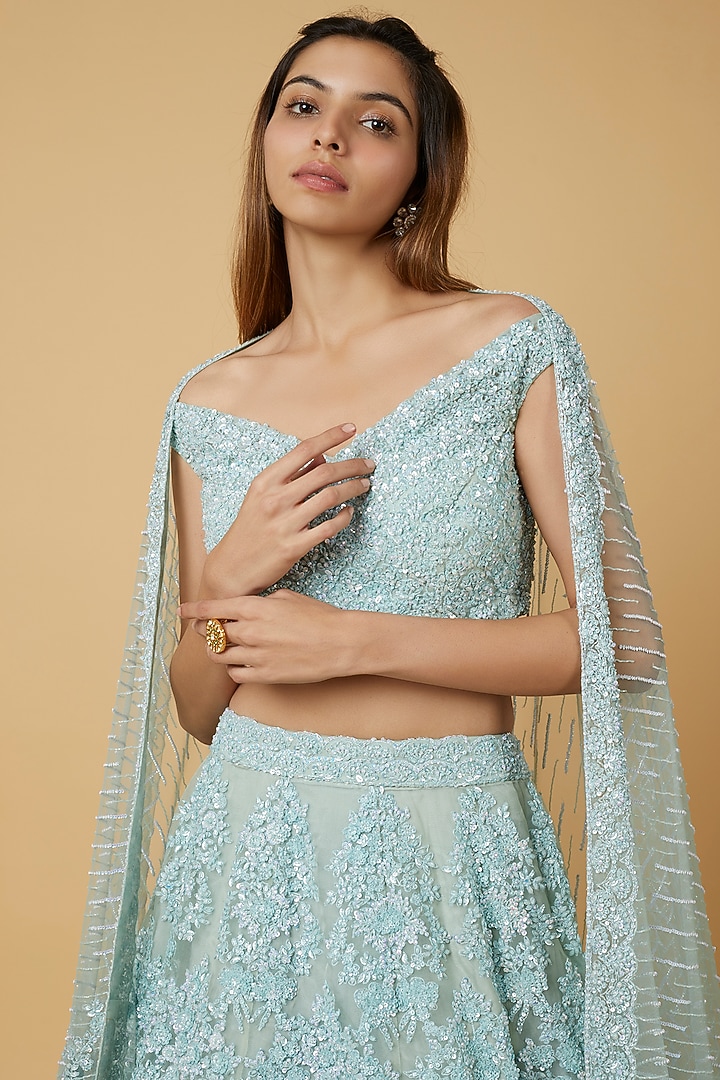 Aqua Blue Embellished Bridal Lehenga Set by Kalighata at Pernia's Pop Up Shop