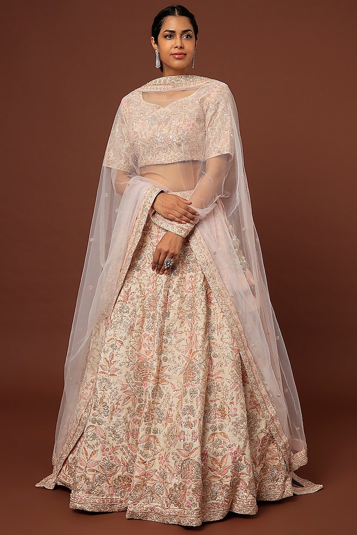 Peach Embellished Multi Lace Bridal Lehenga Set by Kalighata at Pernia's Pop Up Shop