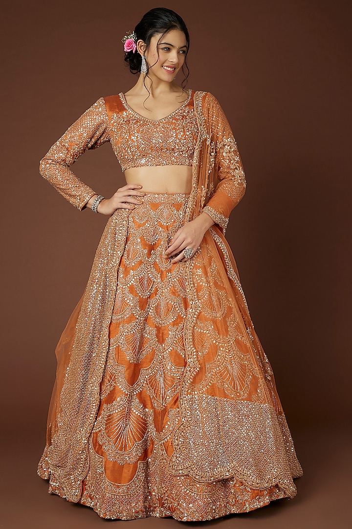 Orange Embellished Lehenga Set by Kalighata