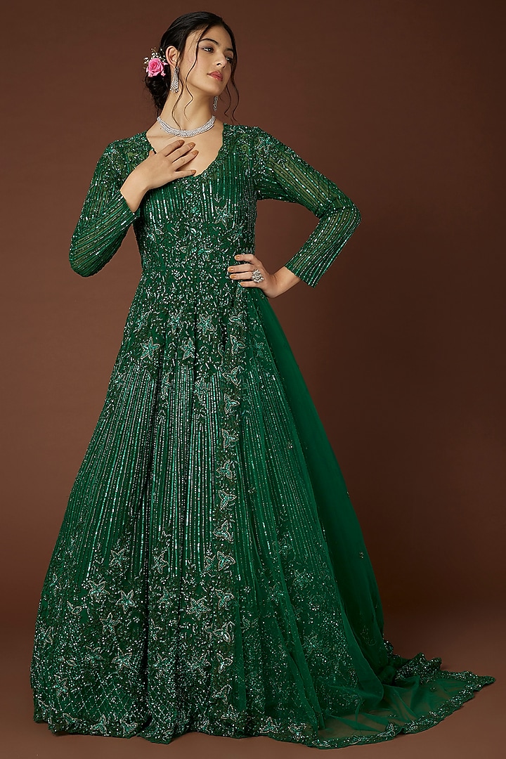 Green Hand Embellished Gown by Kalighata