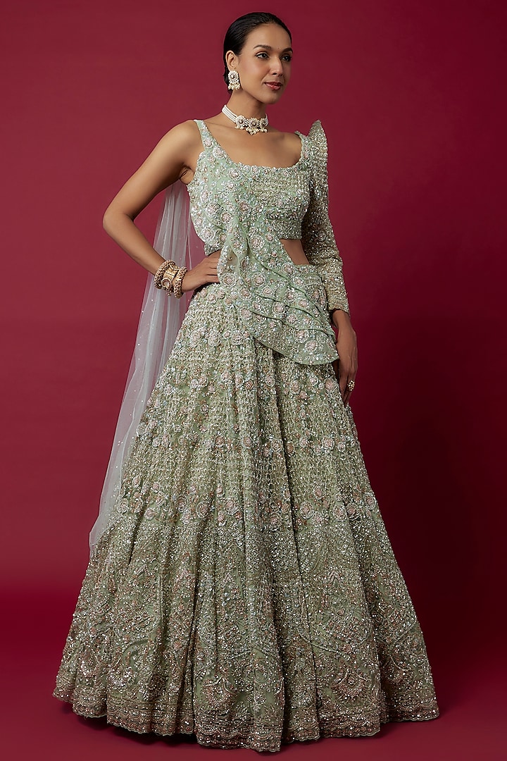 Aqua Organza Hand Embroidered Bridal Lehenga Set by Kalighata at Pernia's Pop Up Shop