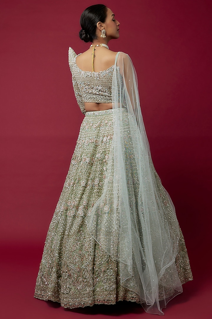 Aqua Organza Hand Embroidered Bridal Lehenga Set by Kalighata at Pernia's Pop Up Shop