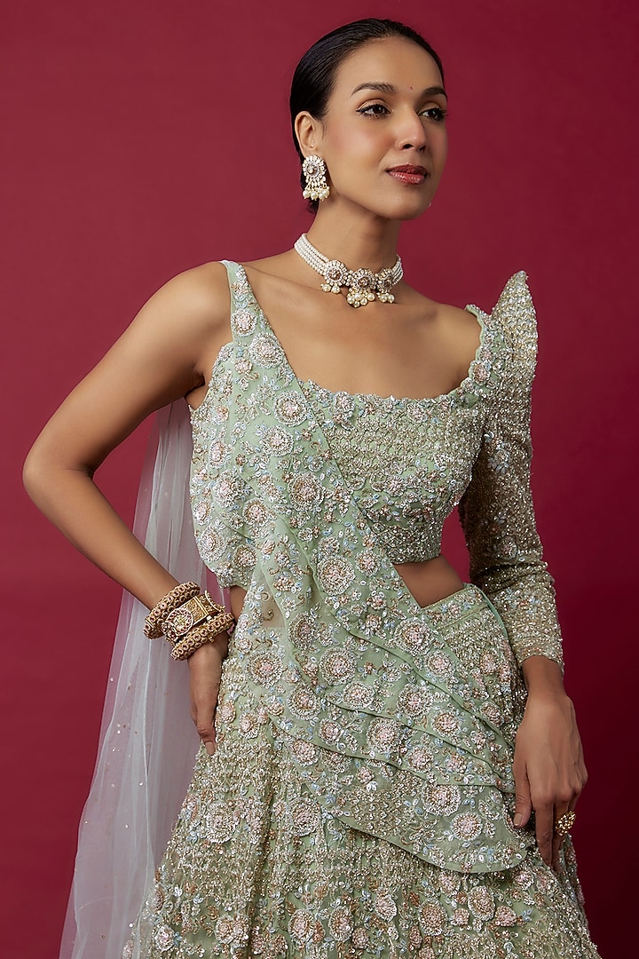 Aqua Organza Hand Embroidered Bridal Lehenga Set by Kalighata at Pernia's Pop Up Shop