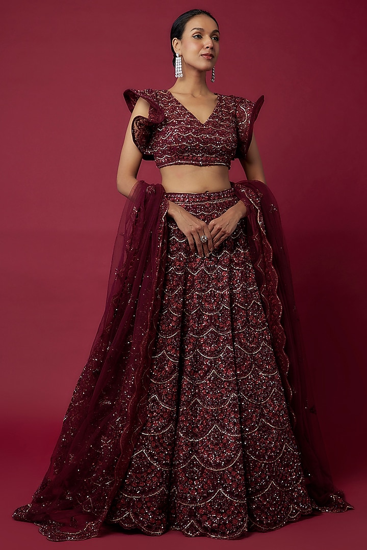 Wine Organza Sequins Embroidered Bridal Lehenga Set by Kalighata at Pernia's Pop Up Shop