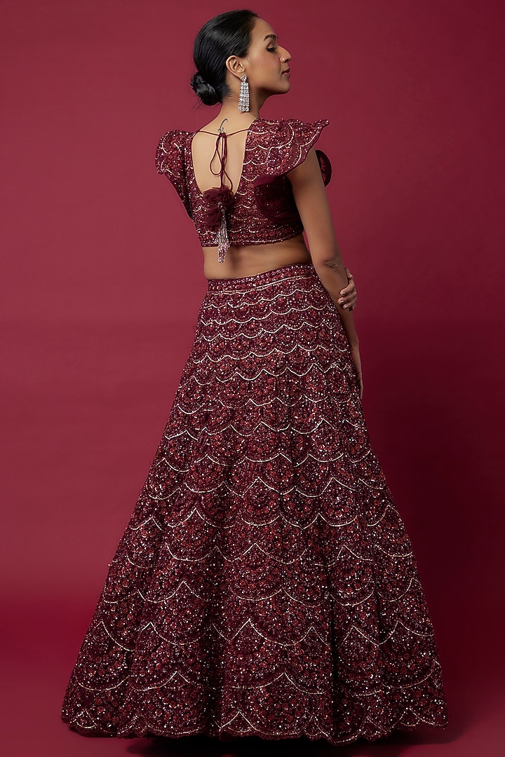 Wine Organza Sequins Embroidered Bridal Lehenga Set by Kalighata at Pernia's Pop Up Shop