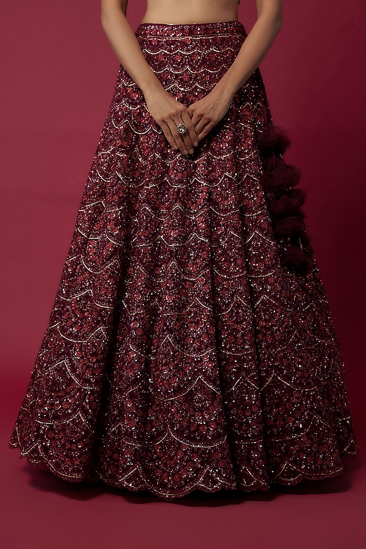 Wine Organza Sequins Embroidered Bridal Lehenga Set by Kalighata at Pernia's Pop Up Shop