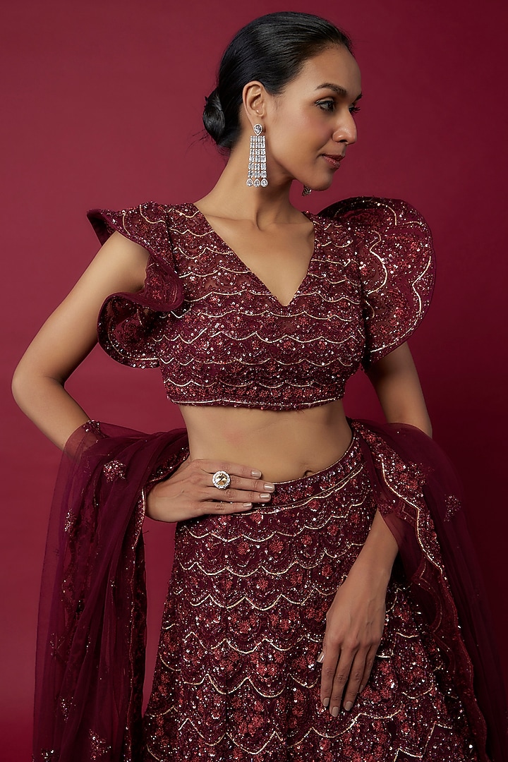 Wine Organza Sequins Embroidered Bridal Lehenga Set by Kalighata at Pernia's Pop Up Shop