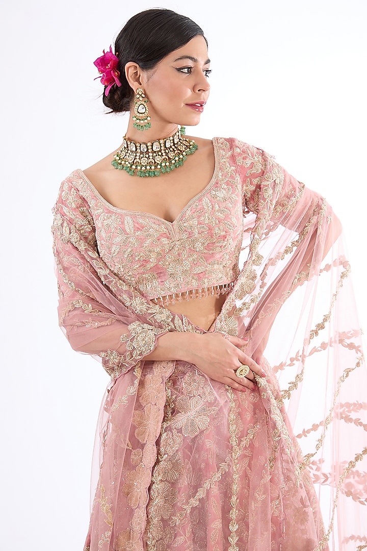 Pink Organza Hand Embroidered Bridal Lehenga Set by Kalighata at Pernia's Pop Up Shop