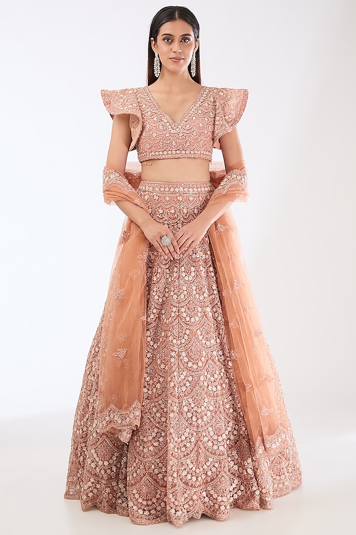 Peach Organza Sequins Embroidered Bridal Lehenga Set by Kalighata at Pernia's Pop Up Shop