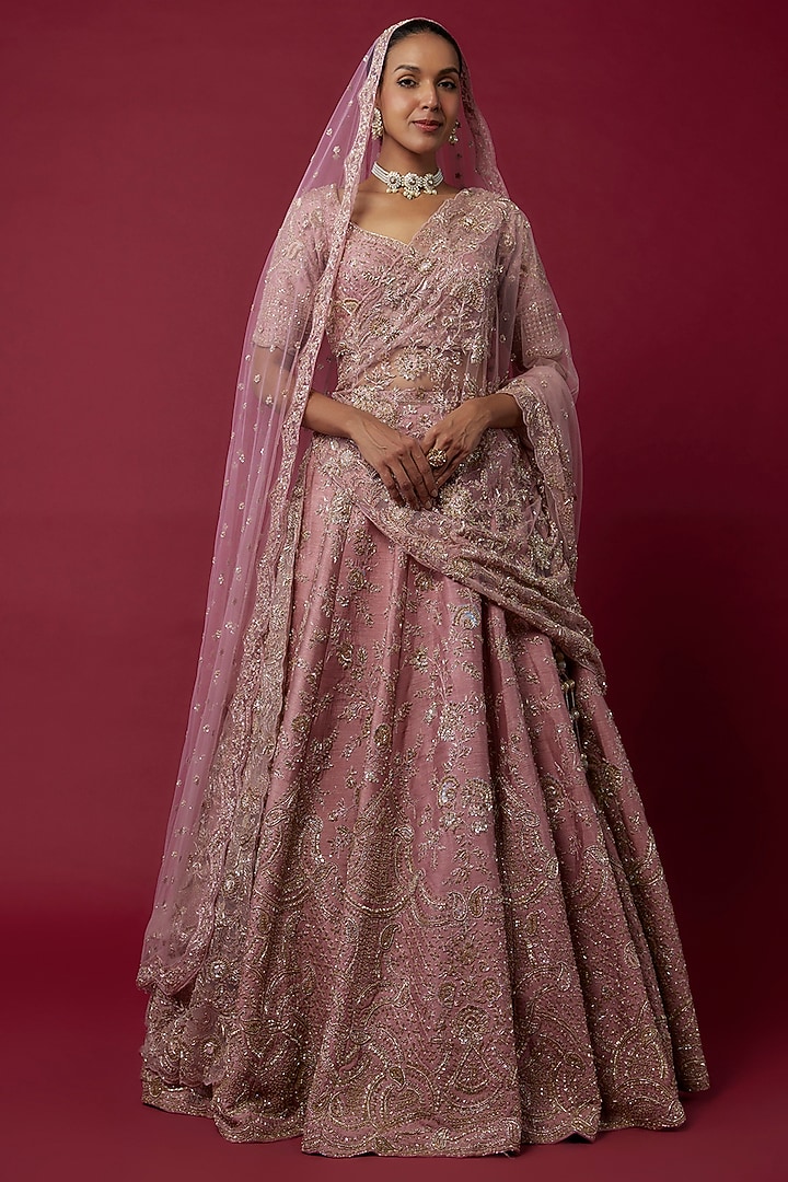 Pink Raw Silk Zardosi Embroidered Bridal Lehenga Set by Kalighata at Pernia's Pop Up Shop