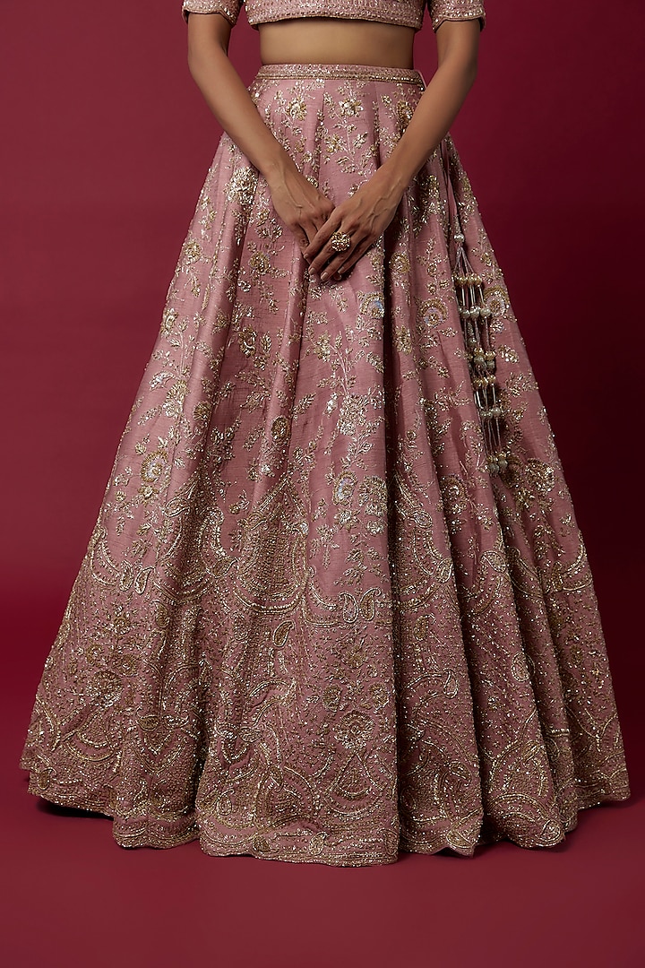 Pink Raw Silk Zardosi Embroidered Bridal Lehenga Set by Kalighata at Pernia's Pop Up Shop