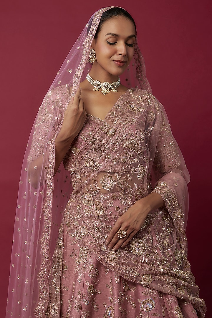 Pink Raw Silk Zardosi Embroidered Bridal Lehenga Set by Kalighata at Pernia's Pop Up Shop