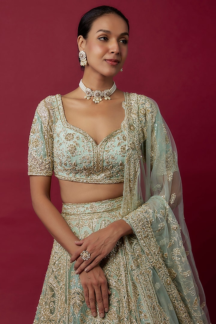 Aqua Net Sequins Embroidered Bridal Lehenga Set by Kalighata at Pernia's Pop Up Shop