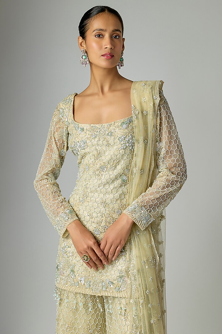 Beige Net Bridal Sharara Set by Kalighata at Pernia's Pop Up Shop