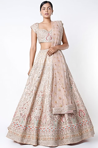 Peach Embroidered Lehenga Set by Kalighata