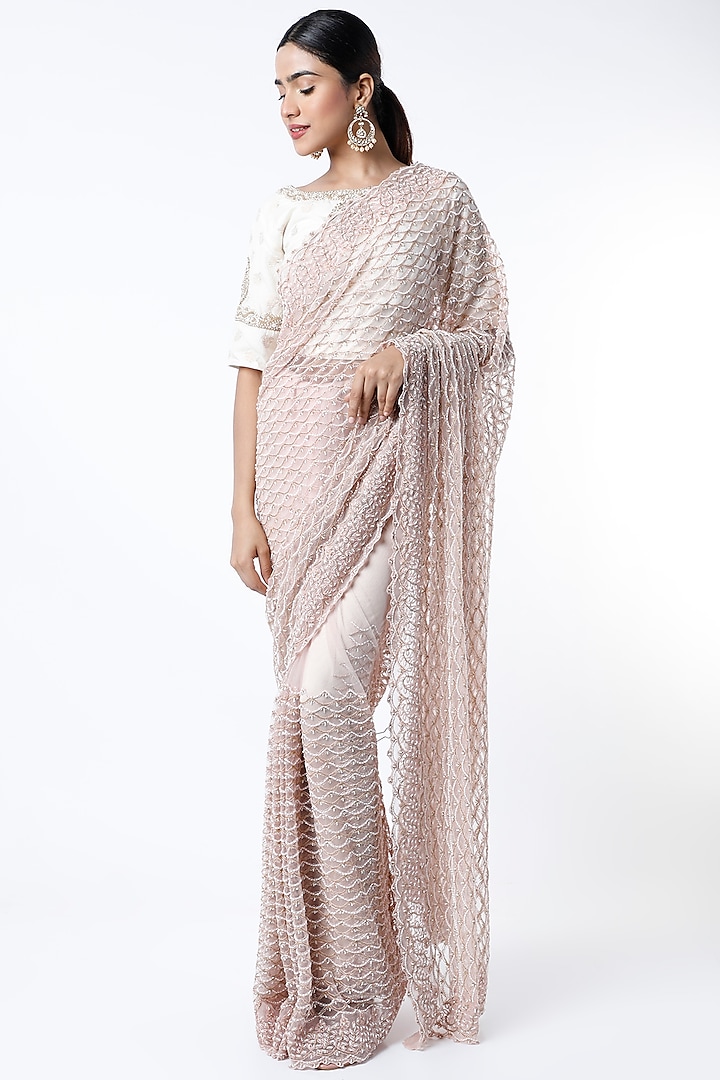 Peach Embroidered Reception Saree Set by Kalighata at Pernia's Pop Up Shop