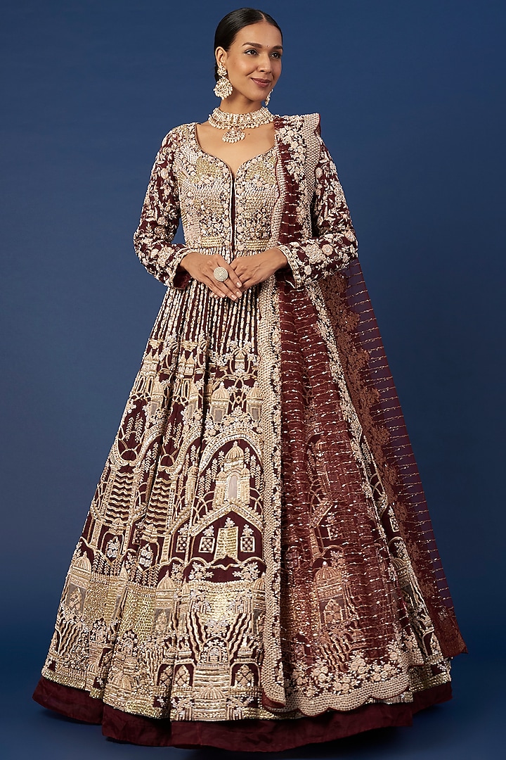 Maroon Embroidered Jacket Bridal Lehenga Set by Kalighata at Pernia's Pop Up Shop