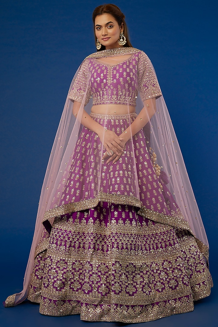 Purple Raw Silk Zardosi Embroidered Wedding Lehenga Set by Kalighata at Pernia's Pop Up Shop
