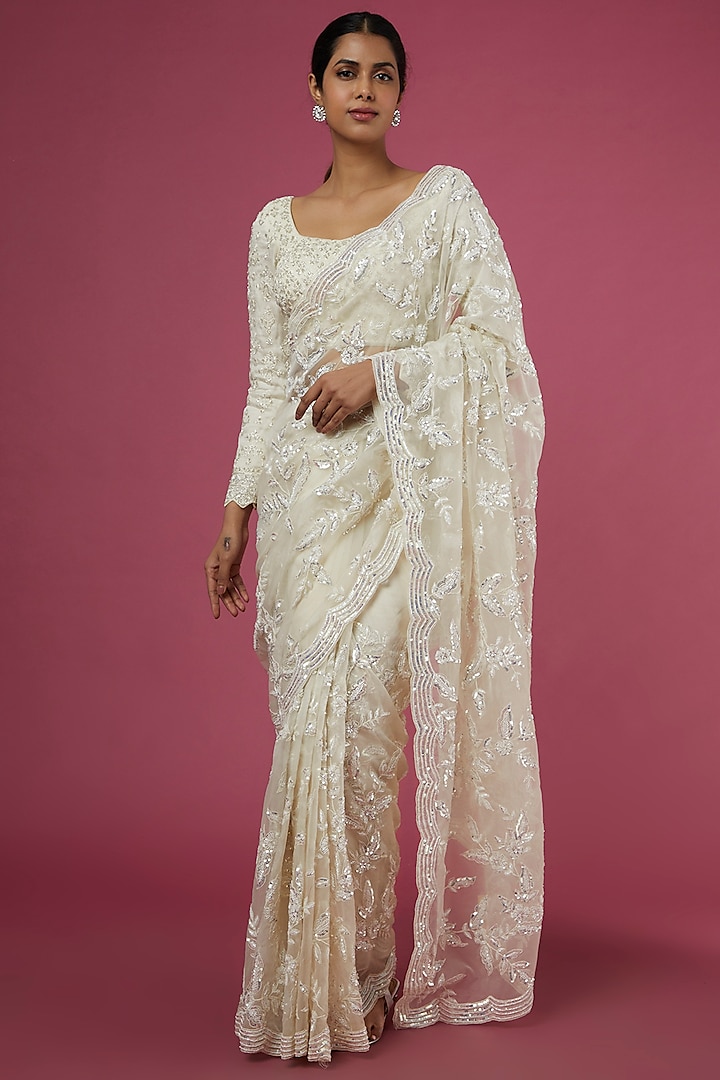 White Net Embroidered Saree Set by Kalighata