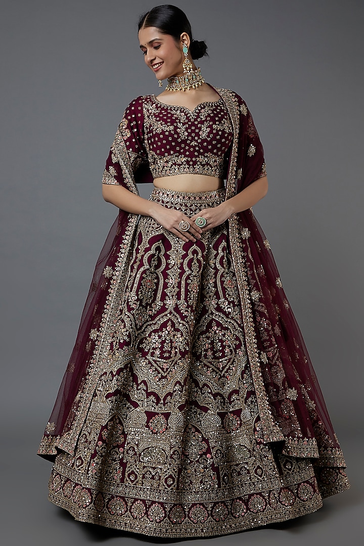 Wine Embroidered Wedding Lehenga Set by Kalighata at Pernia's Pop Up Shop