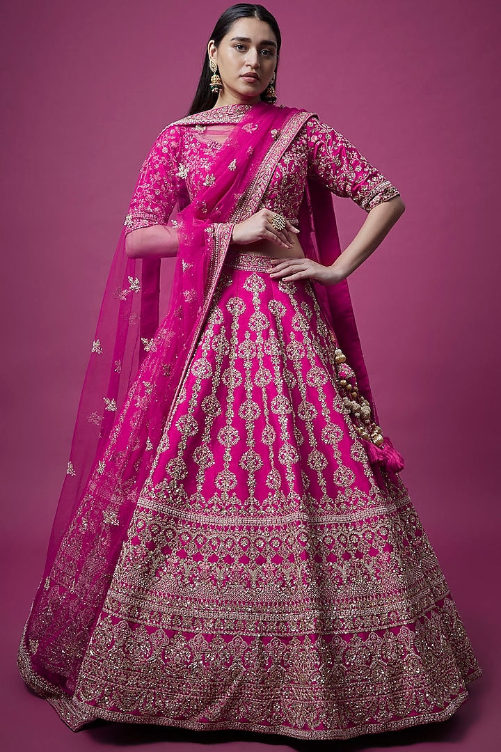 Rani Pink Embroidered Bhavna Lehenga Set by Kalighata