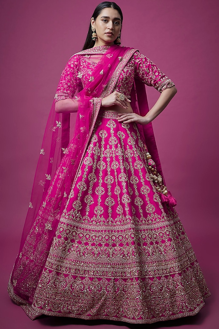 Rani Pink Embroidered Bhavna Wedding Lehenga Set by Kalighata at Pernia's Pop Up Shop