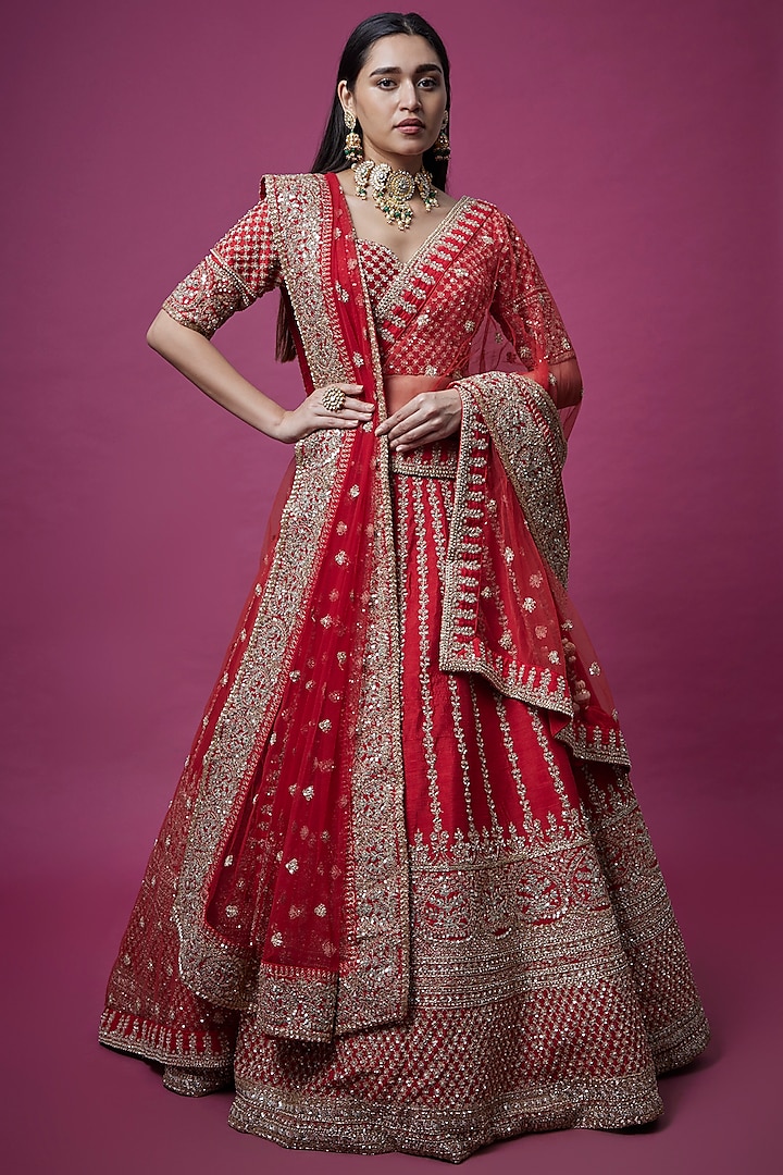 Red Embroidered Aster Bridal Lehenga Set by Kalighata at Pernia's Pop Up Shop