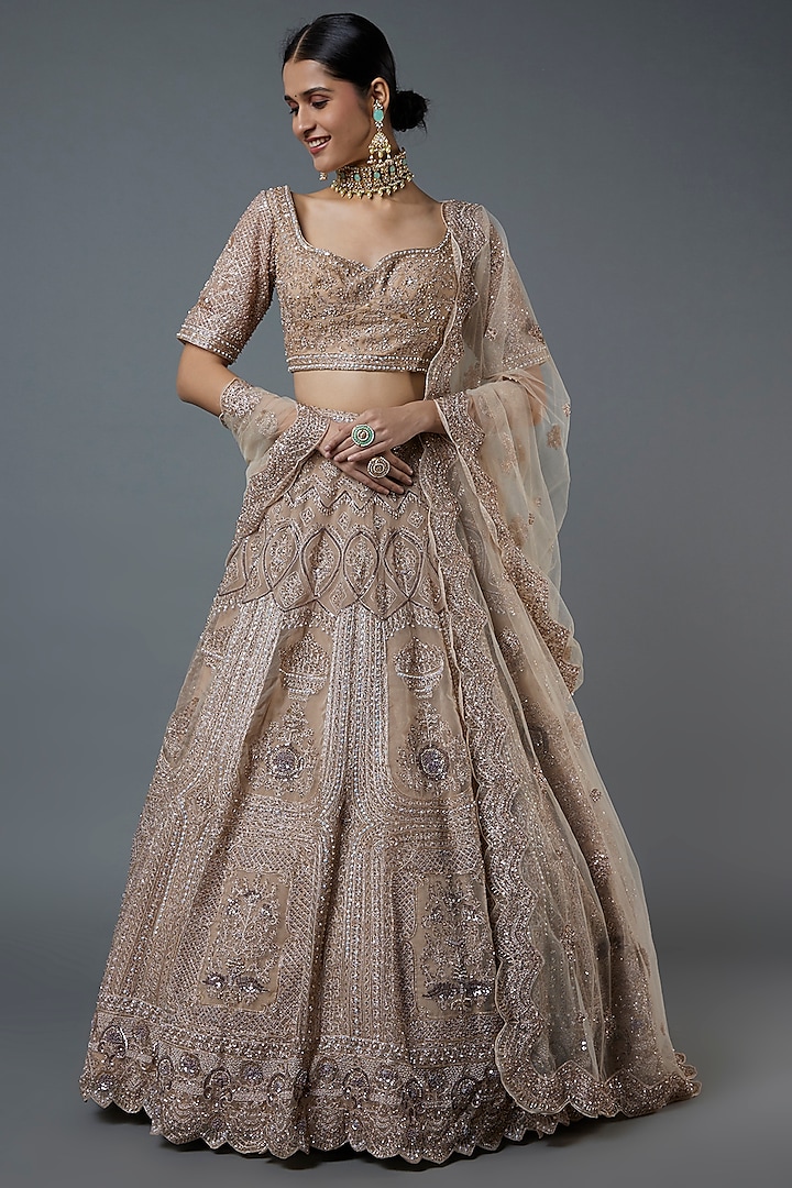 Beige Embroidered Zardosi Bridal Lehenga Set by Kalighata at Pernia's Pop Up Shop